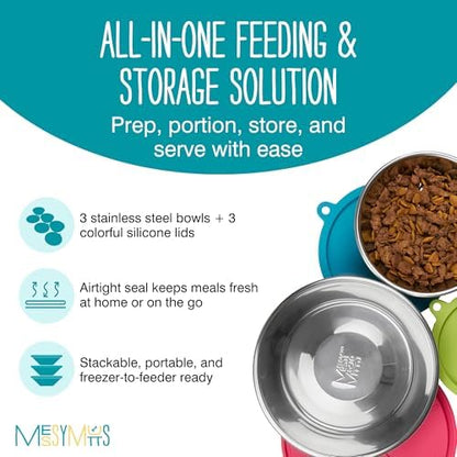 Messy Mutts 6 Piece Set, 3 Stainless Bowls and 3 Silicone Lids, Extra-Large