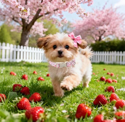 Lionet Paws Spring Dog Collar- Cute Strawberry Pink Dogs Collar with Plastic Buckle and Bowtie Pendant,Dog Collar for Small Dogs