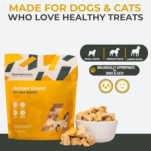 Momentum Carnivore Nutrition Freeze-Dried Chicken Breast Dog Treats & Cat Treats – Single-Ingredient, High-Protein, Grain-Free, Lean & Easily Digestible – Made in USA – 3 oz Bag