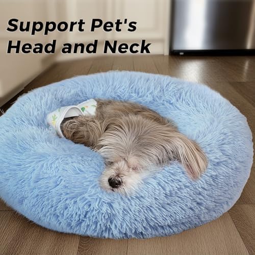 Calming Round Dog Bed & Cat Bed with Anti-Slip Bottom, Medium Size Washable Anti-Anxiety Donut Dog Beds for Small Dogs & Cats, Fluffy Plush Soft Dog Bed(24 Inch, Light Blue)