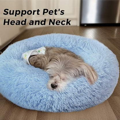Calming Round Dog Bed & Cat Bed with Anti-Slip Bottom, Medium Size Washable Anti-Anxiety Donut Dog Beds for Small Dogs & Cats, Fluffy Plush Soft Dog Bed(24 Inch, Light Blue)