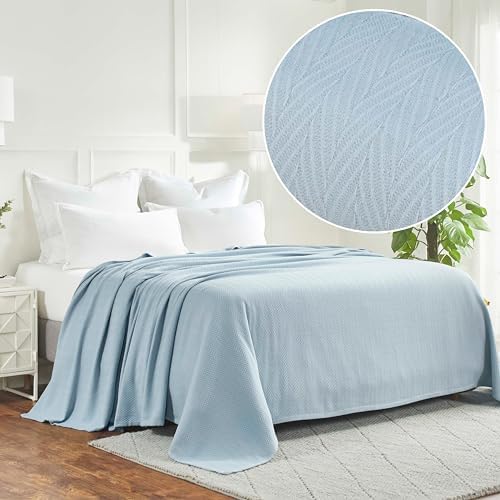 Superior Metro All-Season Cotton Blanket, Woven Blanket for Couch, Bed, Bedding, Farmhouse, Home Essentials, Cute and Cozy Bohemian Blankets, Herringbone Weave, King, Light Blue