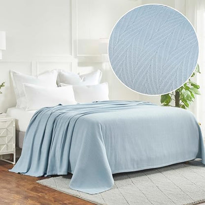 Superior Metro All-Season Cotton Blanket, Woven Blanket for Couch, Bed, Bedding, Farmhouse, Home Essentials, Cute and Cozy Bohemian Blankets, Herringbone Weave, King, Light Blue