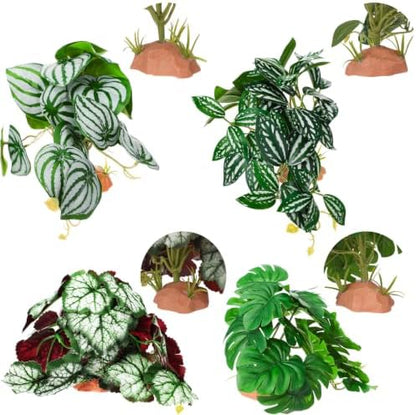 Suncalla 4 Pack Reptile Plants for Terrarium Decor, Snake Tank Accessories, Amphibian Habitat Decor, and Artificial Plants with Base for Bearded Dragon, Gecko, Lizard, Chameleon (Multiple)