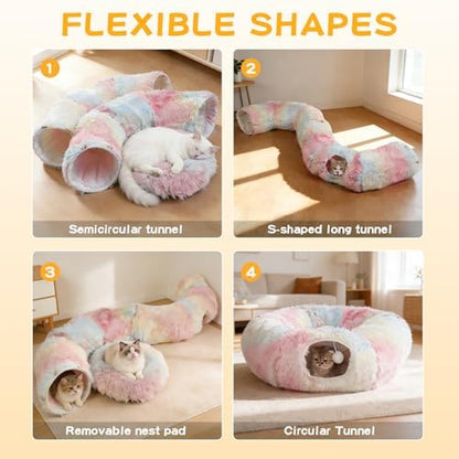 Cat Tunnel with Cat Bed for Indoor Cats, Under Christmas Tree Soft Plush Peekaboo Cat Cave Donut Tunnel, Multifunctional Playground Toys Hideplace for Kittens, Rabbit, Ferret