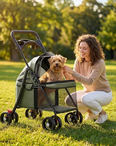 GTPLAYER Foldable Pet Stroller for Small Dogs and Cats, Hold Up to 33 lb, 4-Wheel Stroller with 2 Safety Tethers, Breathable Mesh, Lockable Front Wheels, Cup Holder/Tray & Storage Pocket, Forest Green