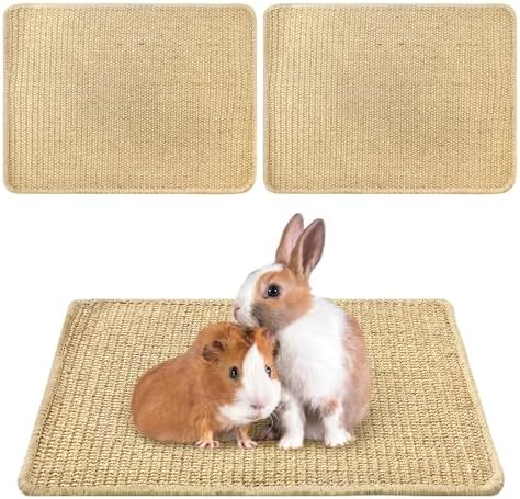 kathson Rabbit Scratching Pad 2 Pcs Natural Sisal Bunny Scratch Mat, Small Animals Nail Scratcher Guinea Pigs Grinding Claw Rug Pet Cage Flooring for Biting Sleeping Nesting (15.75 * 11.8 in)