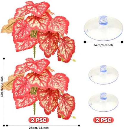 QUOZUO 2 Pack Reptile Plants for Terrarium, Artificial Leaves Habitat Decorations with Suction Cups, Terrarium Hanging Plants Vines for Bearded Dragons Lizards Snake Geckos Frogs - Red