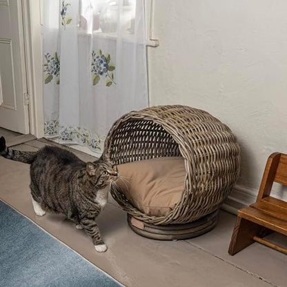 CBD1001A Socket Dome 19.5" x 17" Bohemian Handwoven Rattan Cat Bed with Machine-Washable Cushion, Kubu Gray