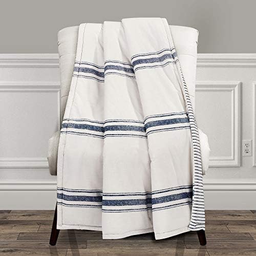 Lush Decor Farmhouse Stripe Reversible Throw, Single, 50" W x 60" L, Navy - Blue Throw Blanket For Bed - Soft Blanket - Couch Throw - Rustic Farmhouse Decor