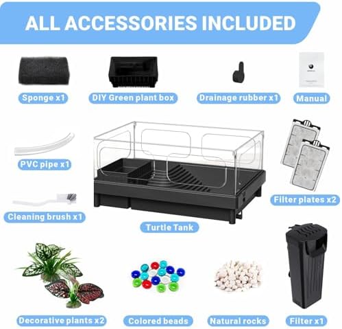 GOZILLA Small Turtle Tank with Filter, Acrylic Aquarium Turtle Tank Starter Kit with Multi-Functional Areas for Turtles, Hermit Crabs, Crayfish, Small Reptiles. (Black)