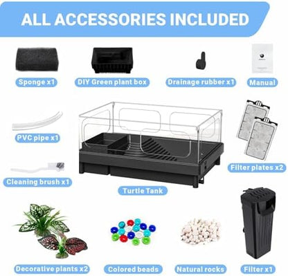 GOZILLA Small Turtle Tank with Filter, Acrylic Aquarium Turtle Tank Starter Kit with Multi-Functional Areas for Turtles, Hermit Crabs, Crayfish, Small Reptiles. (Black)