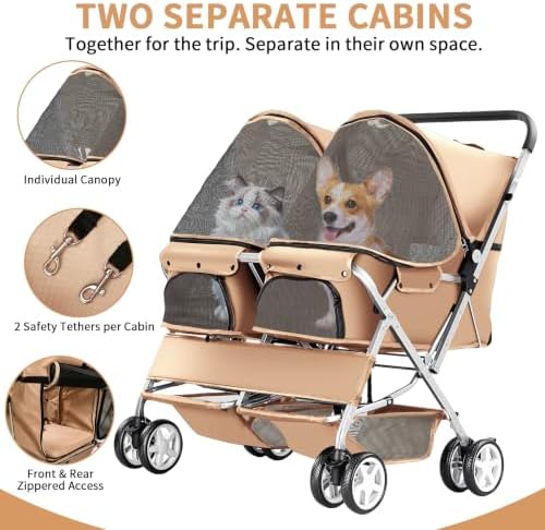 Double Pet Stroller for 2 Dogs & Cats, Side-by-Side, Beige