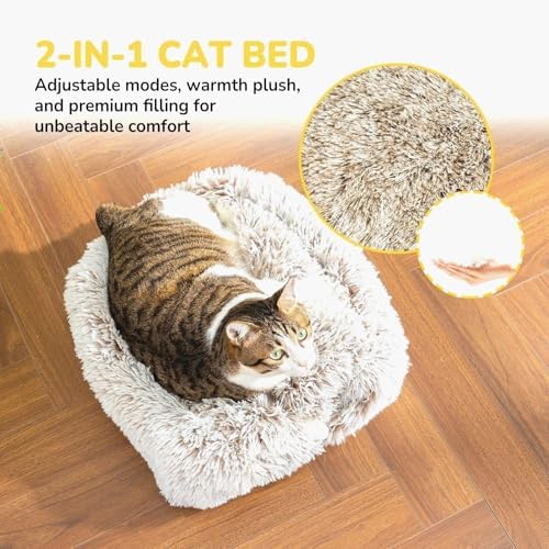 CATISM Cat Bed, Cat Cave for Indoor Cats, Soft Cat Dome, Self-Warming 2 in 1 Foldable Pet Cat House with Washable Cushioned Pillow Calming Fluffy Dog Beds for Small Dogs with Anti-Slip Bottom Brown
