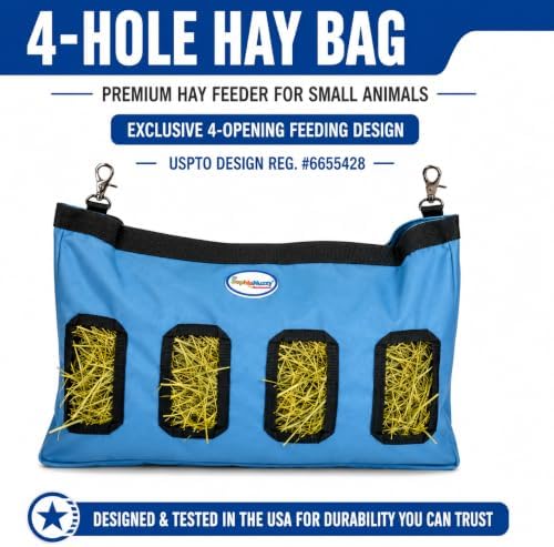 4-Opening Hay Bag for Rabbits, Guinea Pigs & Chinchillas, Hanging Hay Feeder, 18 x 11 x 1.5 in, 1000D Nylon, 6-Month Warranty (Hurricane Blue, 18" x 11" x 1.5")