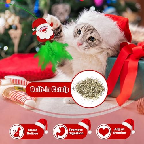 Christmas Cat Toys，4 Pack Cat Wand Toys for Indoor Cats Gifts with Catnip and Feathers, Wand for Cats and Kitten
