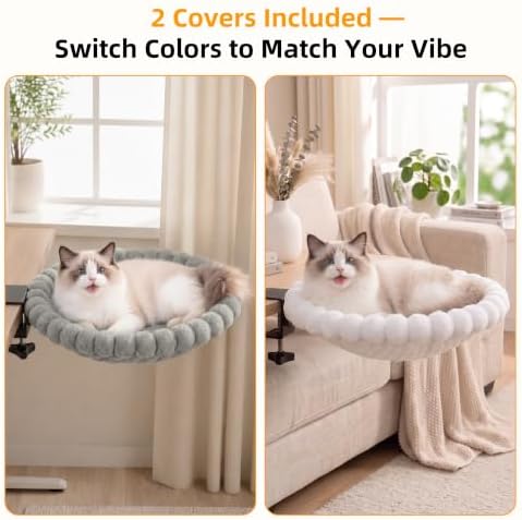 Desk Cat Bed with 2 Washable Covers (Gray & White Set), Space Saving Clamp-On Cat Perch Hammock for Desk Side, Heavy Duty Metal Frame Cat Lounge Seat for Indoor Cats, Fits Most Desks