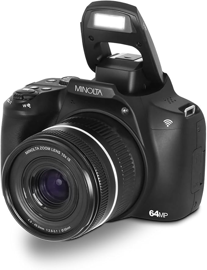 Minolta 64MP Digital Camera – 10x Optical Zoom, 4K Ultra HD Video, Macro Shooting, Anti-Shake, 3-inch LCD Screen, Face Detection – Includes 32GB SD Card, Battery & Case (Black)