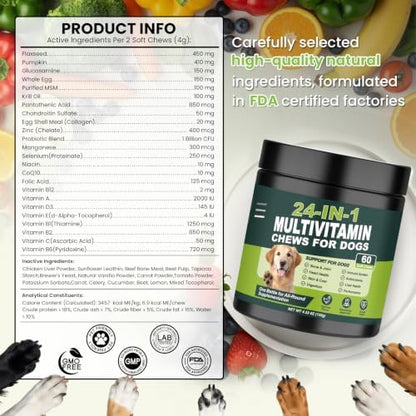 24-in-1 Dog Vitamins and Supplements 60 Ct Daily Multivitamin for Dogs