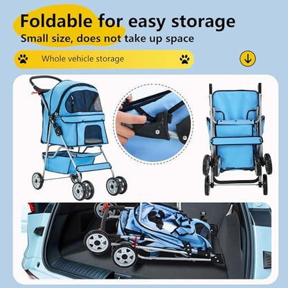 FDW | 4-Wheel Foldable Pet Stroller | Blue | Lightweight & Portable