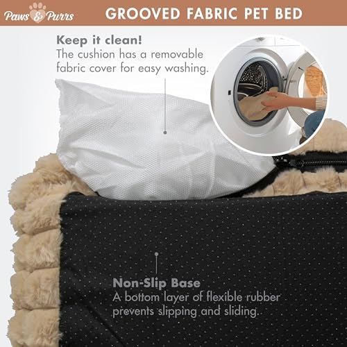 Grooved Pet Bed for Small to Medium Dogs or Cats, Soft Ribbed Corduroy-Style Polyester Fabric, Supportive Bolsters, Removable Cover, Non-Slip Base, Sofa Pet Lounger with Mini Play Cushion, Camel