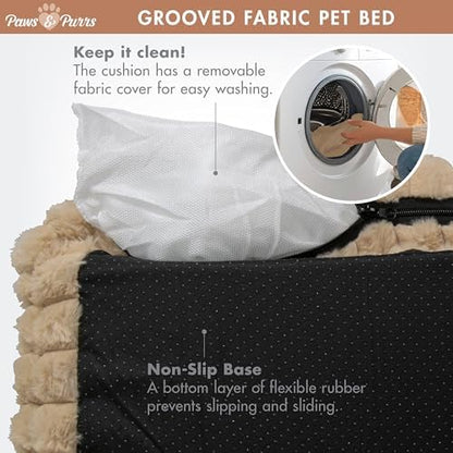 Grooved Pet Bed for Small to Medium Dogs or Cats, Soft Ribbed Corduroy-Style Polyester Fabric, Supportive Bolsters, Removable Cover, Non-Slip Base, Sofa Pet Lounger with Mini Play Cushion, Camel