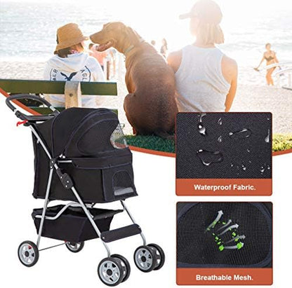 BestPet | 4-Wheel Foldable Pet Stroller | Black | Lightweight & Portable