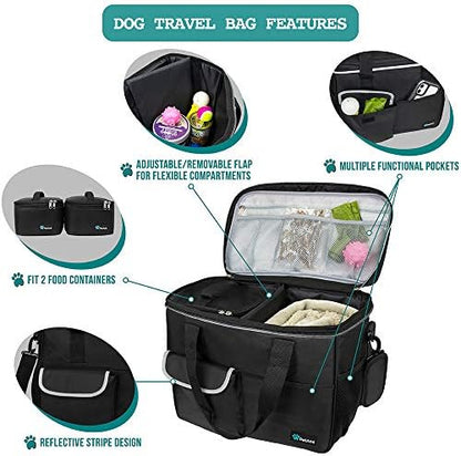 PetAmi Dog Travel Bag Organizer, Pet Supplies Tote Diaper Bag, Black Medium