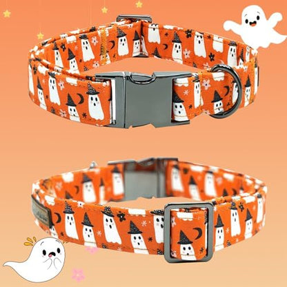 Dog Collars, Halloween Pet Collars Fall Dog Orange Ghost Print Pet Durable Metal Collar Cute Boy Girl Dog Collars Adjustable Puppy Collar for X-Small Dogs