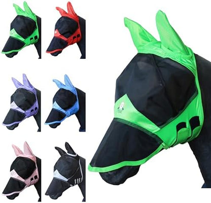 T TEKE Fine Mesh Horse Fly Mask w/Ears & Nose, UV Blocking 3D Eye Visor with Extra Fleece Cushioned Forehead, Protection from Insect Pests