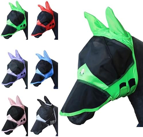 T TEKE Fine Mesh Horse Fly Mask w/Ears & Nose, UV Blocking 3D Eye Visor with Extra Fleece Cushioned Forehead, Protection from Insect Pests