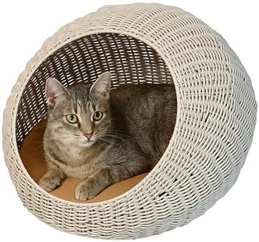 CBD3000C Fiora 19.5" x 18" Modern Circular Faux Wicker Pet Bed with Machine-Washable Cushion, Cat Beds for Indoor Cats, White