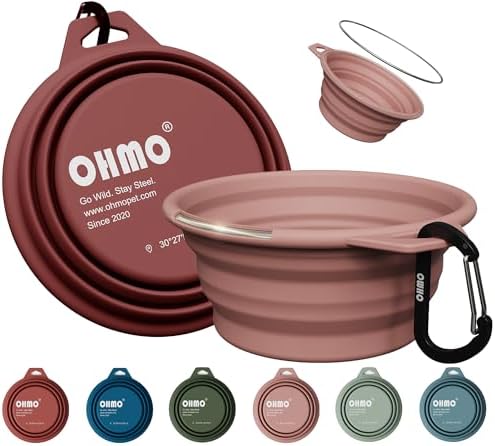 OHMO Small Collapsible Dog Bowls, Steel Rim, 12oz, 2pcs, Coral&Brick Red