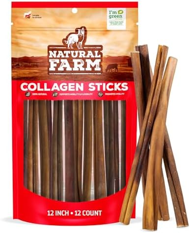 Natural Farm Odor-Free Collagen Chews, (12-Inch, 12-Pack), Long Lasting Bully Sticks & Rawhide Alternative Dog Treats, 95% Collagen, High Protein Best Dental Dog Treats – Medium & Large Dogs