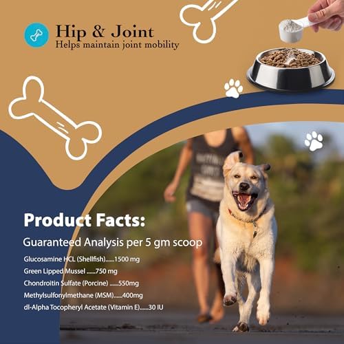 Hip and Joint Food Supplement for Dogs, Large Breeds- Glucosamine and Chondroitin Powder with Green Lipped Mussel - Pain, Inflammation Relief with Vitamins - Senior Health Supplies for Arthritis