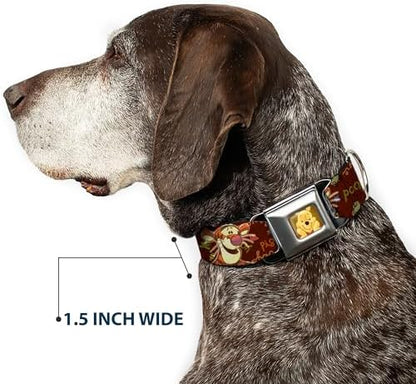 Dog Collar Seatbelt Buckle Mickey Mouse Expressions Close Up Black White 16 to 23 Inches 1.5 Inch Wide | Winnie The Pooh Character Poses Durable Metal Adjustable ID Tag Ring