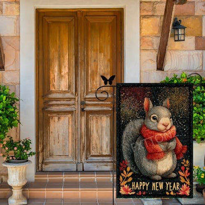 Happy New Year Garden Flag 12x18 Double Sided Vertical Linen Small Fireworks Squirrel House Flag Welcome Holiday Winter House Outdoor Outside Decorations (27162)