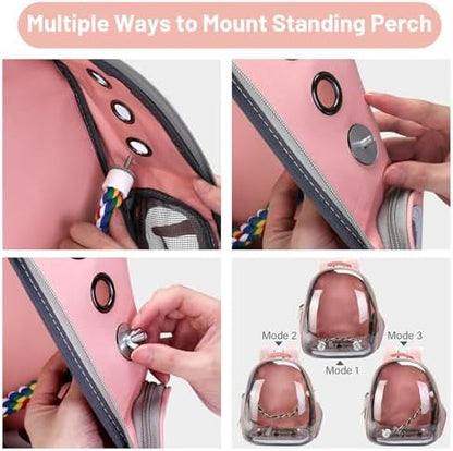 Bird Backpack Carrier, Travel Bird Cage for Small Medium Size Parrot Parakeet Budgies Cockatiel, Portable Clear Bubble Window Bag with Stainless Steel Tray Food Bowl Standing Perch (Pink)