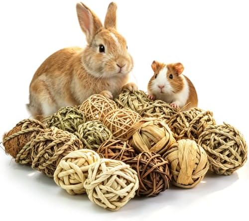 16 Pcs Bunny Chew Grass Balls,Natural Handmade Enrichment Toys for Teeth Grinding, Enrichment Treats for Rodents Rabbits Guinea Pigs Chinchillas Hamsters Mice, Rolling Chew Toys (2.4")