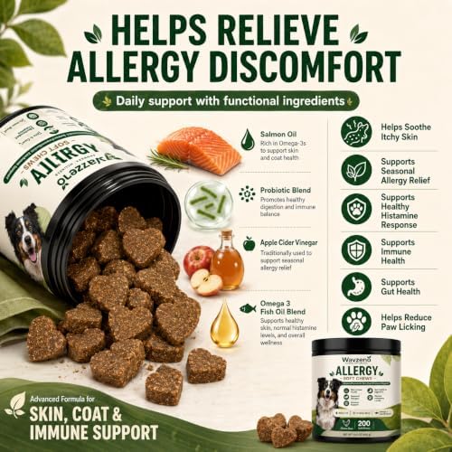 Dog Allergy Chews for Itchy Skin, Allergy Relief Soft Chews for Dogs with Probiotics, Omega 3 & Colostrum, Skin & Coat, Immune & Gut Health Support, Chicken Flavor, 200 Soft Chews