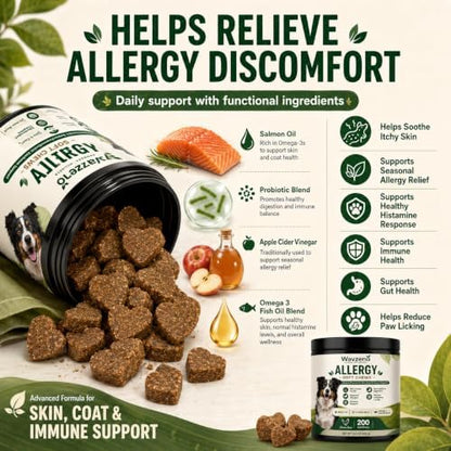 Dog Allergy Chews for Itchy Skin, Allergy Relief Soft Chews for Dogs with Probiotics, Omega 3 & Colostrum, Skin & Coat, Immune & Gut Health Support, Chicken Flavor, 200 Soft Chews