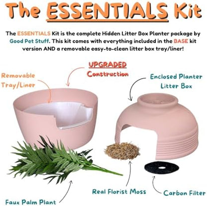 Good Pet Stuff Original Hidden Litter Box Planter, Decorative Cat Litter Enclosure with Carbon Filter, Artificial Palm Plant, Upgraded Design, Easy Clean Litter Tray, Essentials Kit, Pink Coral
