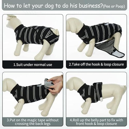 Kuoser Dog Surgery Recovery Suit, Soft Breathable Dog Recovery Suit for Female Spay Male Nueuter, Anti Licking Puppy Onesie Pet Surgical Suit for Dogs Abdominal Wounds Skin Disease, Black Strips S