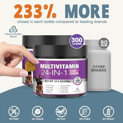 24-in-1 Dog Vitamins and Supplements 300 Ct Dogs Multivitamin Chewable Contain Chondroitin Probiotics Omega-3 Glucosamine for Dogs Skin Coat Heart Joint Gut Liver Brain Immune Support - Peanut Butter