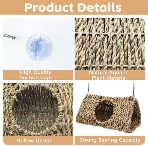 Hanging Reptile Hide Cave,Natural Seagrass Fiber Bearded Dragon Hammock Hideout,Reptile Shelter Sleeping Cave Swing Climbing Toys Terrarium Decor for Lizard Gecko Hermit Crabs(Triangle S)