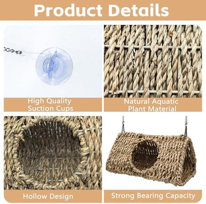Hanging Reptile Hide Cave,Natural Seagrass Fiber Bearded Dragon Hammock Hideout,Reptile Shelter Sleeping Cave Swing Climbing Toys Terrarium Decor for Lizard Gecko Hermit Crabs(Triangle S)