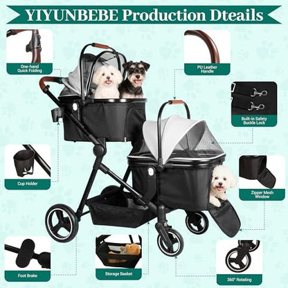 Foldable Double Pet Stroller for 2 Small Medium Cats Dogs