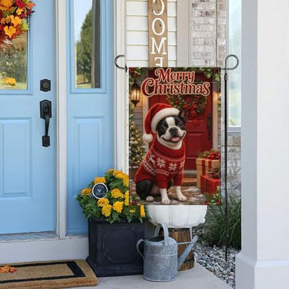 Merry Christmas Garden Flag 12x18 Inch Boston Terrier Santa Hat Red Sweater Wreath Gift Holiday Farmhouse Outdoor Yard Lawn Front Porch Welcome Double Sided Banner Decor