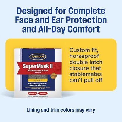Farnam SuperMask II Horse Fly Mask with Ears, Extended Coverage Equine Fly Protection, Protects Eyes from Insects, Debris & UV, Adjustable Throat Latch, Plush Fleece Trim, Average Size (Pack of 2)