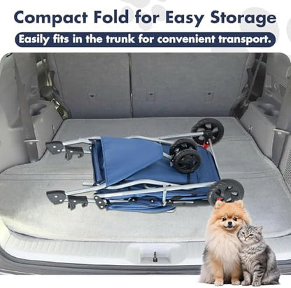 3 Wheels Pet Stroller,Storage Basket and Cup Holder, Breathable Mesh, Waterproof and Foldable for Small/Medium Dogs and Cats Strollers, Lightweight Travel Carrier for Daily Walks & Outdoor，Blue